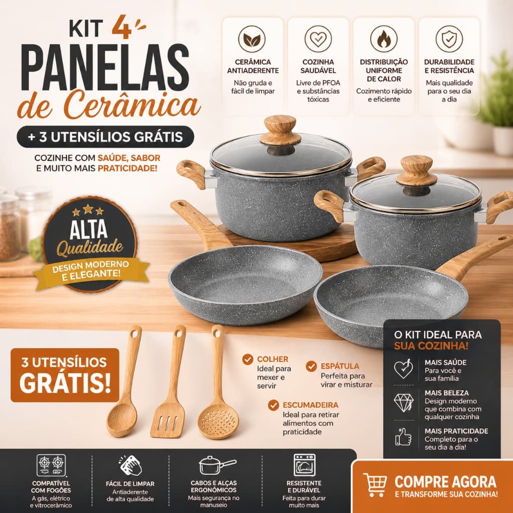 Kit Panelas Antiaderentes 4 Pecas Cêramica Grátis 3 Utensilios de Cozinha Funcionais Práticos Duraveis