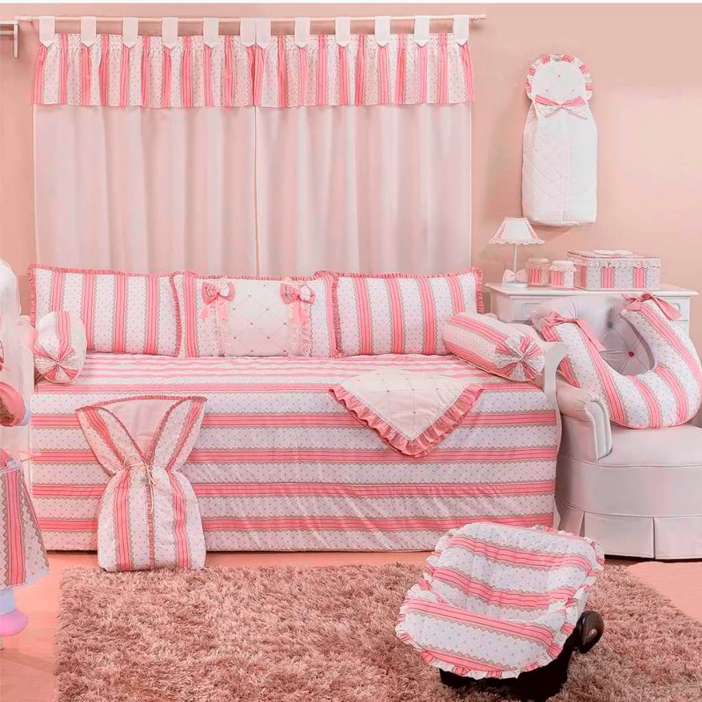 Kit Babá Para Quarto de Bebê Cama Solteiro 6 Peças Essence Rosa Antigo com Bege