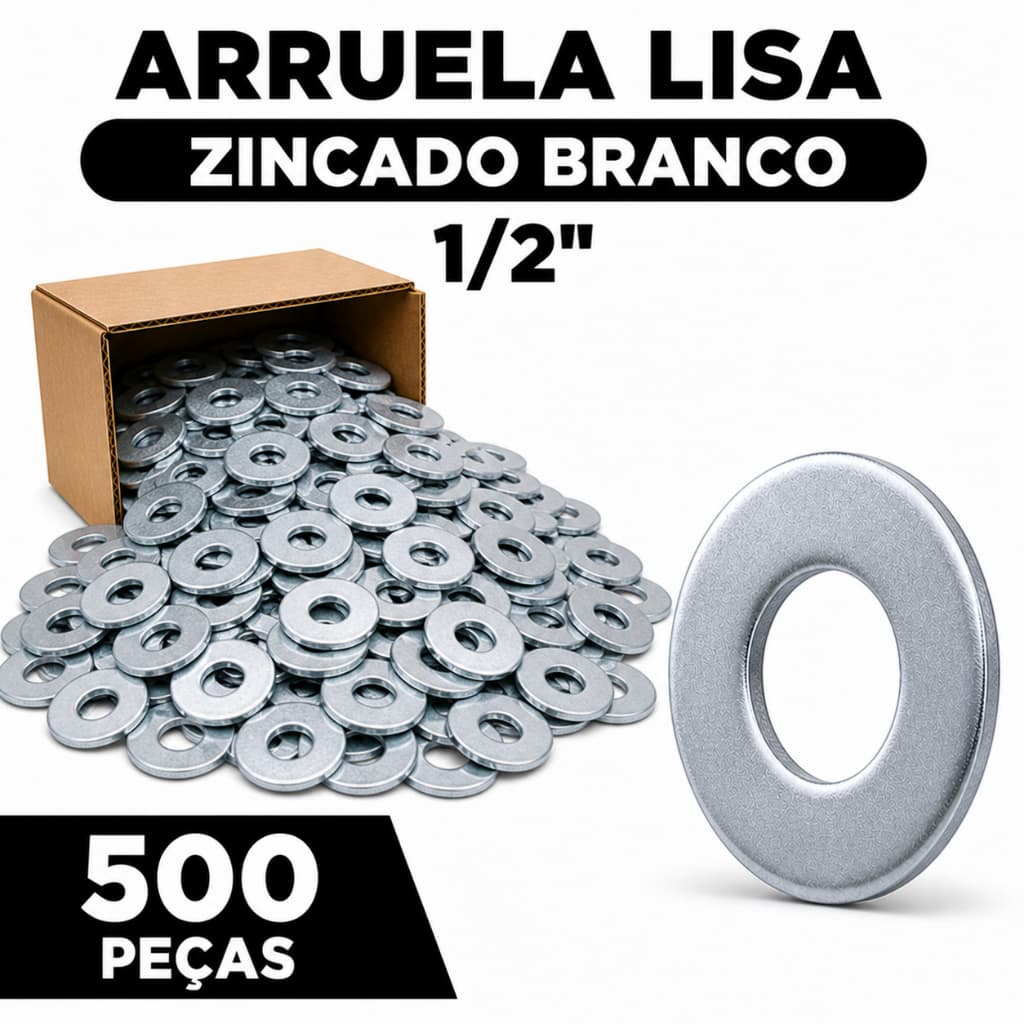 Arruela Lisa 1/2 Zincada Branco Kit 100 300 500 Peças Aço Carbono Profissional