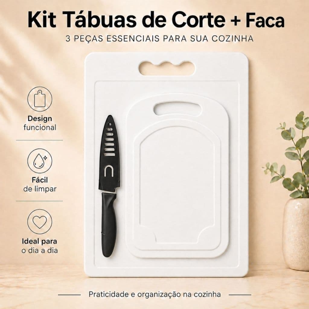 2 Tábuas de Carne + Faca de Cozinha Tábua de Corte para Churrasco,Carnes, Legumes e Frutas Plástico