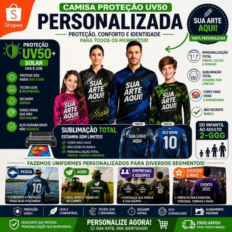 Camisa Proteção UV50 personalizada com sua arte Camisa uv pesca piscina praia masculino feminino uniformes para empresas