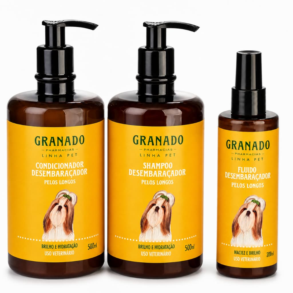 Kit Shampoo Condicionador Fluido Desembaraçador Para Cachorro Pelos Longos Granado Pet 3 Itens