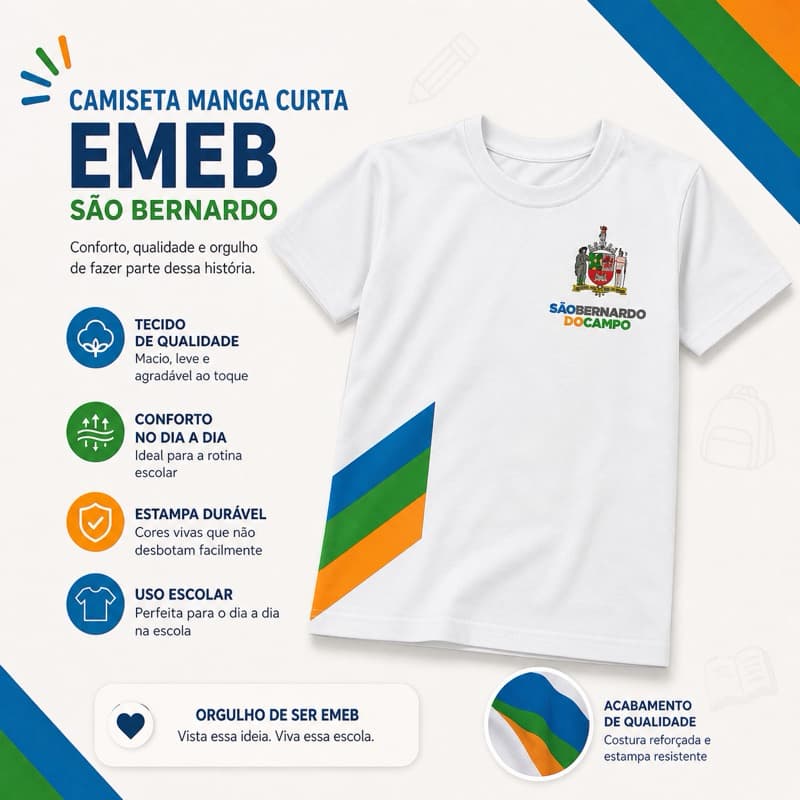 Camiseta Escolar Manga Curta EMEB São Bernardo do Campo Infantil Confortável Uniforme Escolar Resistente