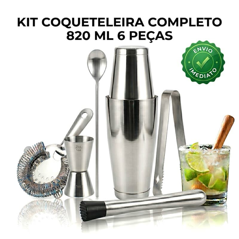 Kit Coqueteleira 820ml 6 Peças Para Drinks e Caipirinhas Ideal Para Iniciantes e Bartenders Uso em Casa e Festas