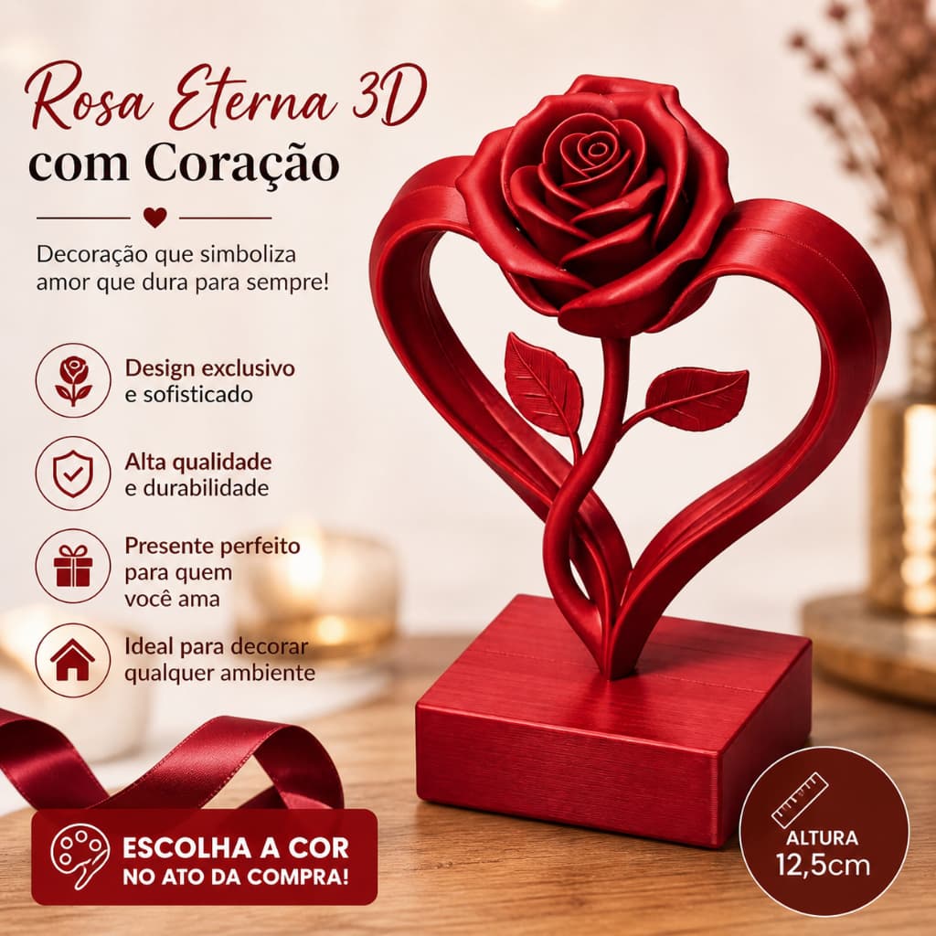 Rosa Eterna 3D com Coração Presente Romântico Dia dos Namorados Decoração Criativa Dia das mães