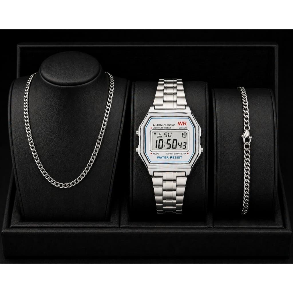 KIT Relógio + Pulseira + Cordão Prata LED Unissex Fashion Masculino Feminino