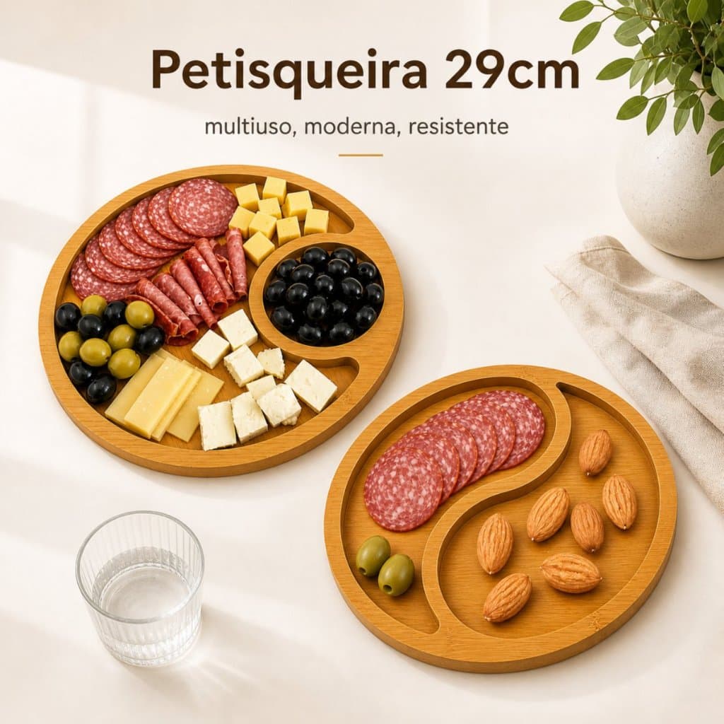 Petisqueira Redonda 29cm com Divisórias MDF Bambu Bandeja para Frios Queijos Aperitivos Gamela