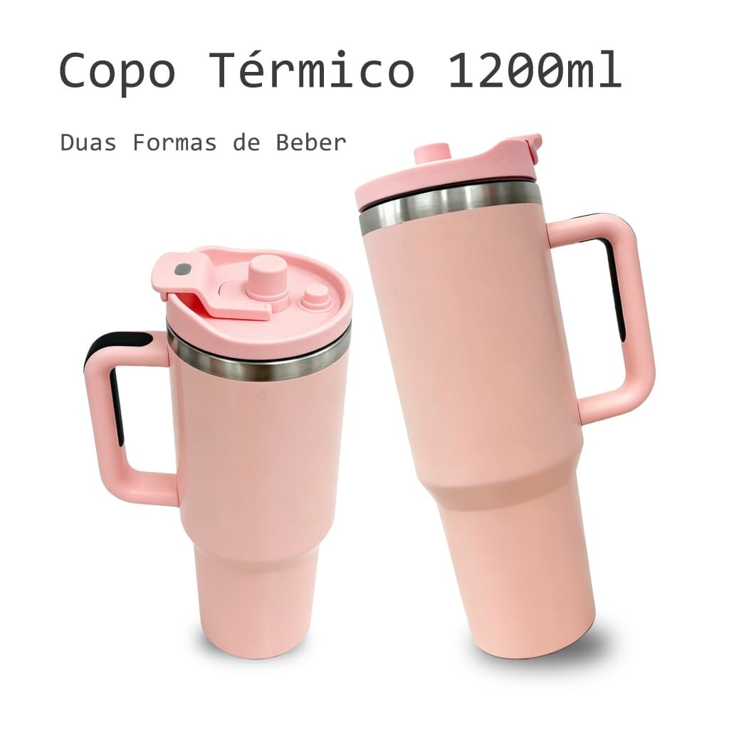 Copo Caneca 1200ml com Canudo Bico Abre e Fecha Inox Isolante Térmico Sem BPA Alça Antiderrapante Ergonômica Design Mode