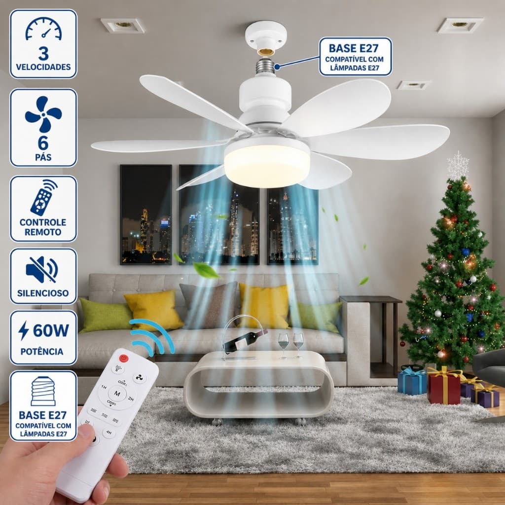 Ventilador de Teto com Lâmpada LED 60W com Controle Remoto Potente e Silencioso