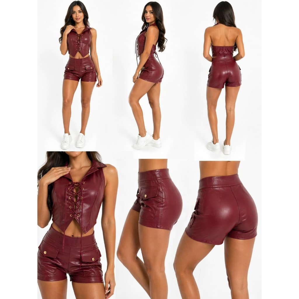 Conjunto Feminino Short Cargo Com Botão Metalico y Colete Com Ilhos Frontal