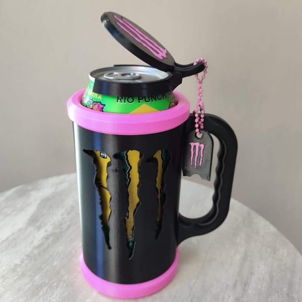 KIT SUPORTE LATA MONSTER PRETO + TAMPA + ABRIDOR BORDAS ROSA, BRANCO OU VERDE