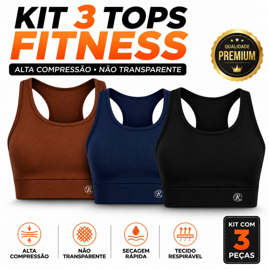 Kit 3 Top Academia Feminino Alta Sustentação Compressão Suplex Fitness Treino Plus Size G1 G2 G3