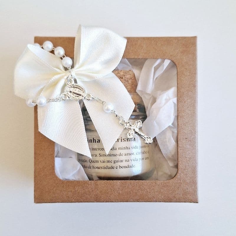 Madrinha ou Padrinho de Crisma. Mini Vela Aromática. Caixa Presente e mini terço