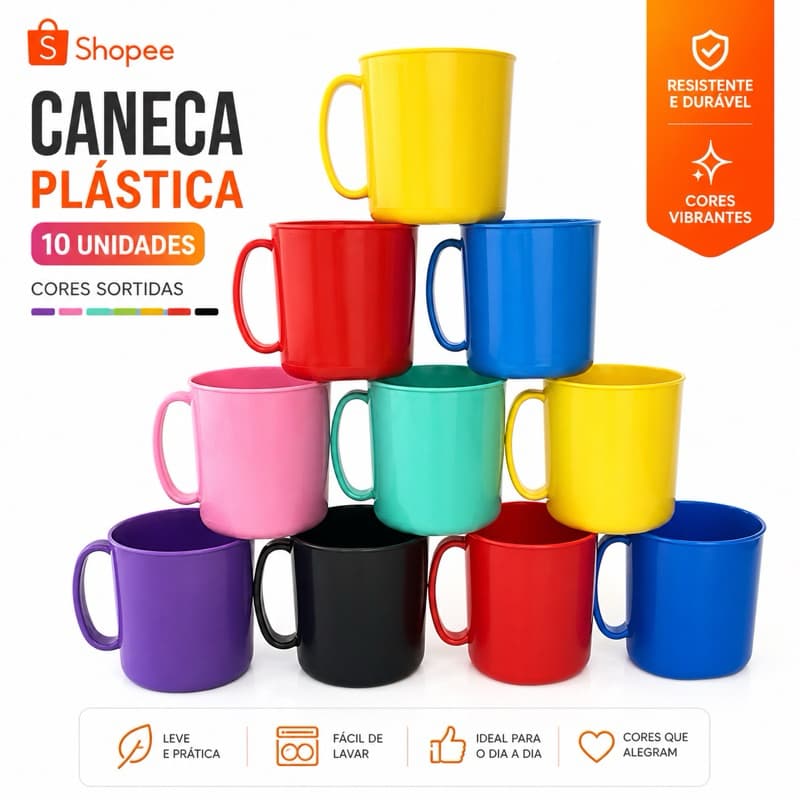 kit 10 a 20 Canecas Plástica Colorido 375ml – Prático e Resistente