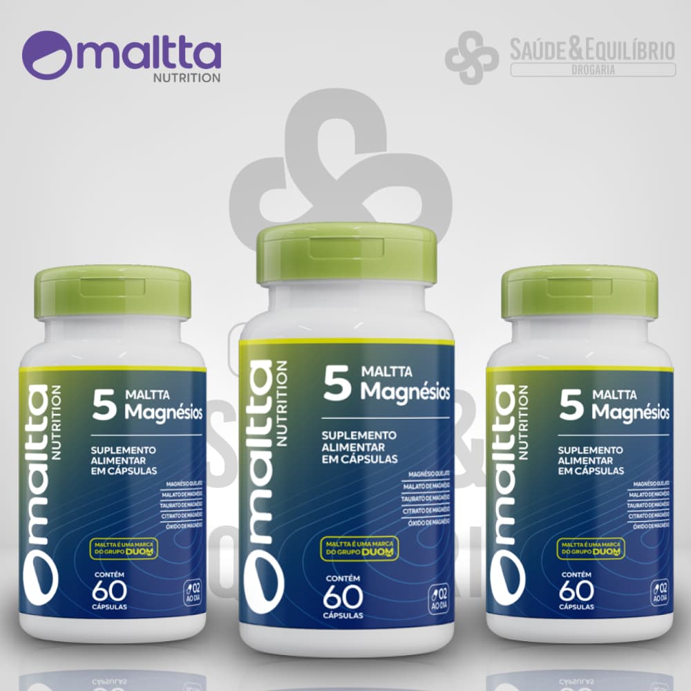 5 Magnésio Maltta Nutrition 60 Cáp (Quelato, Malato, Taurato, Citrato e Oxido) Alta Absorção Energia e Disposição