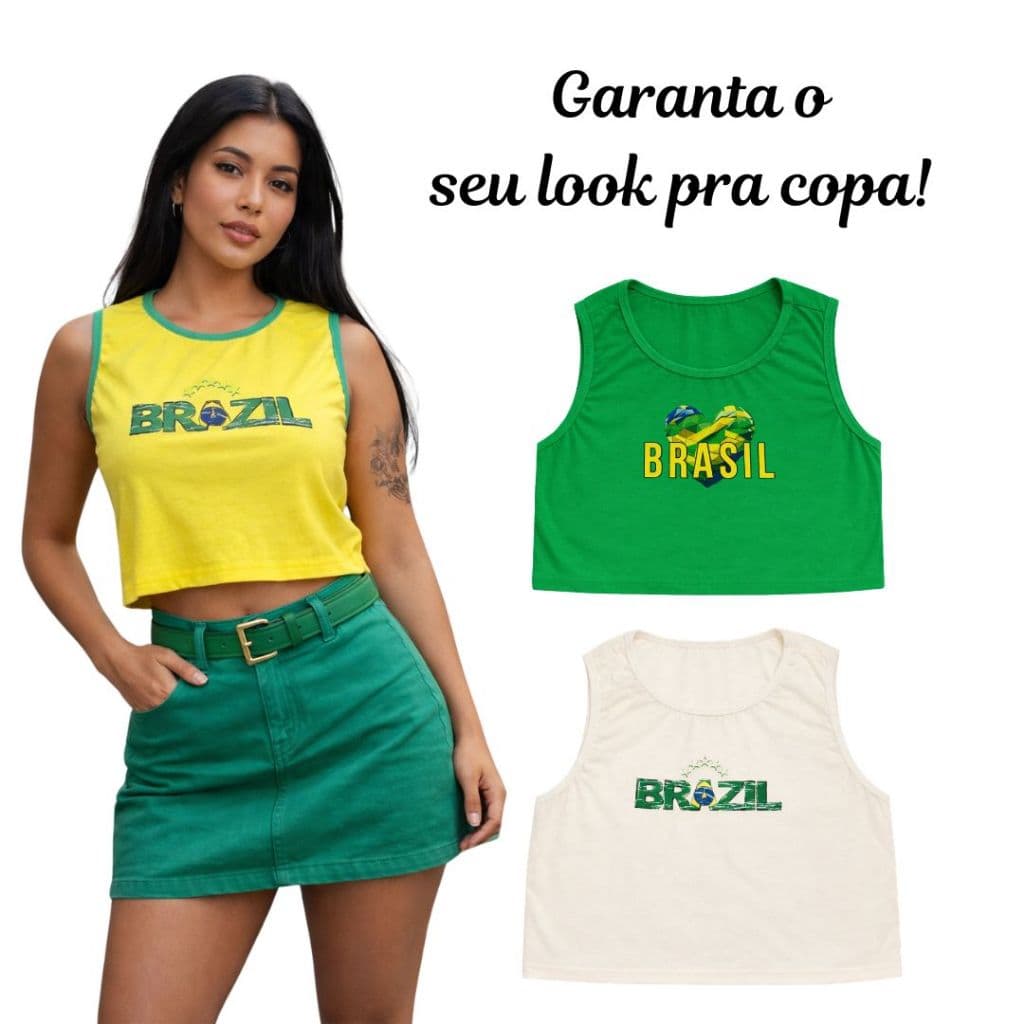 Kit 3 Regata Cropped Brasil Algodão Copa Promoção Esportivo Ideal para jogos, copa e dia a dia