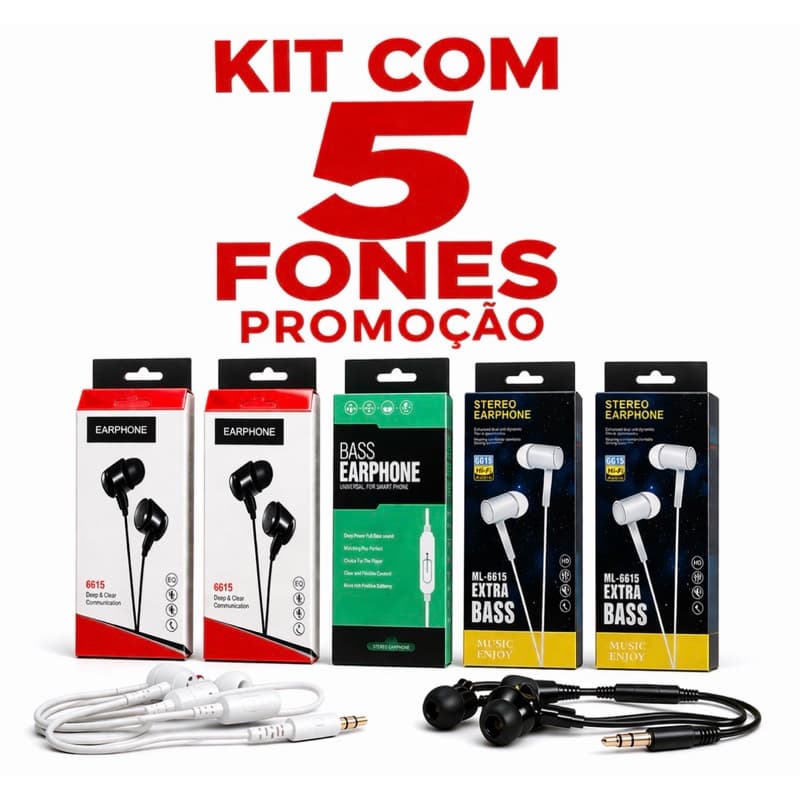 Kit c/5 Fones de Ouvido com Fio com microfone Stereo entrada P2 - (ATACADO)