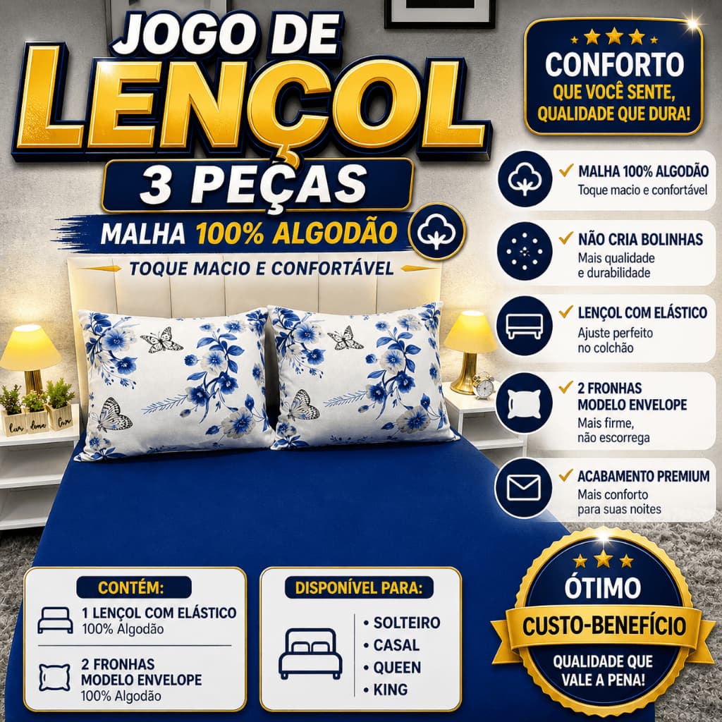 Lençol Super King Com Elástico 3 Peças Malha 100% Algodão 180 Fios