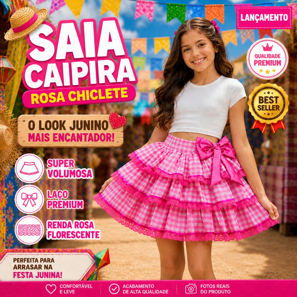 Saia Caipira Infantil Rosa Rodada Com Renda Luxo Festa Junina Menina Confortável Ajuste  Elástico