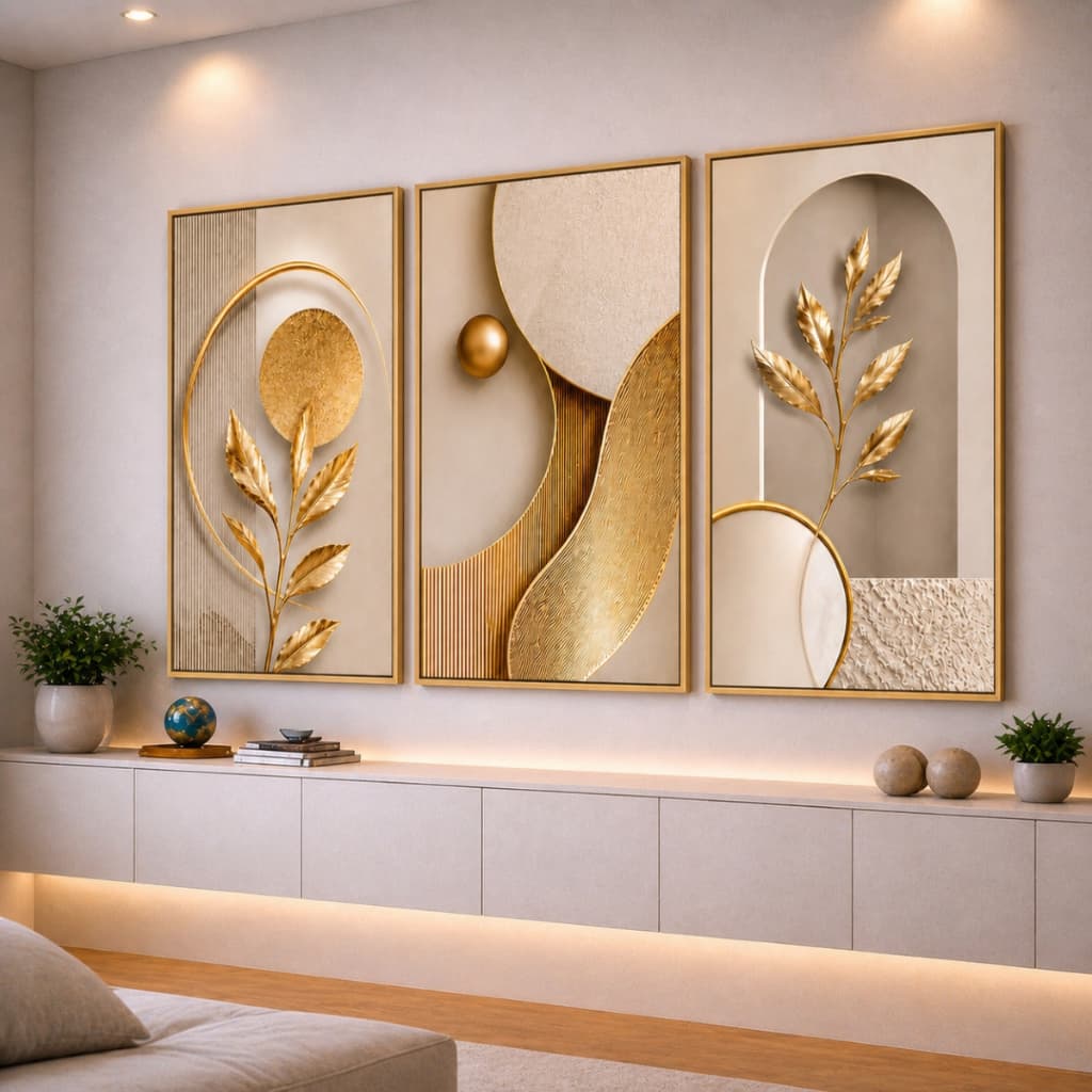 Kit Quadro Decorativo Abstrato Folhas Dourada  Circulos Moderno 3 Peças Luxo Hall