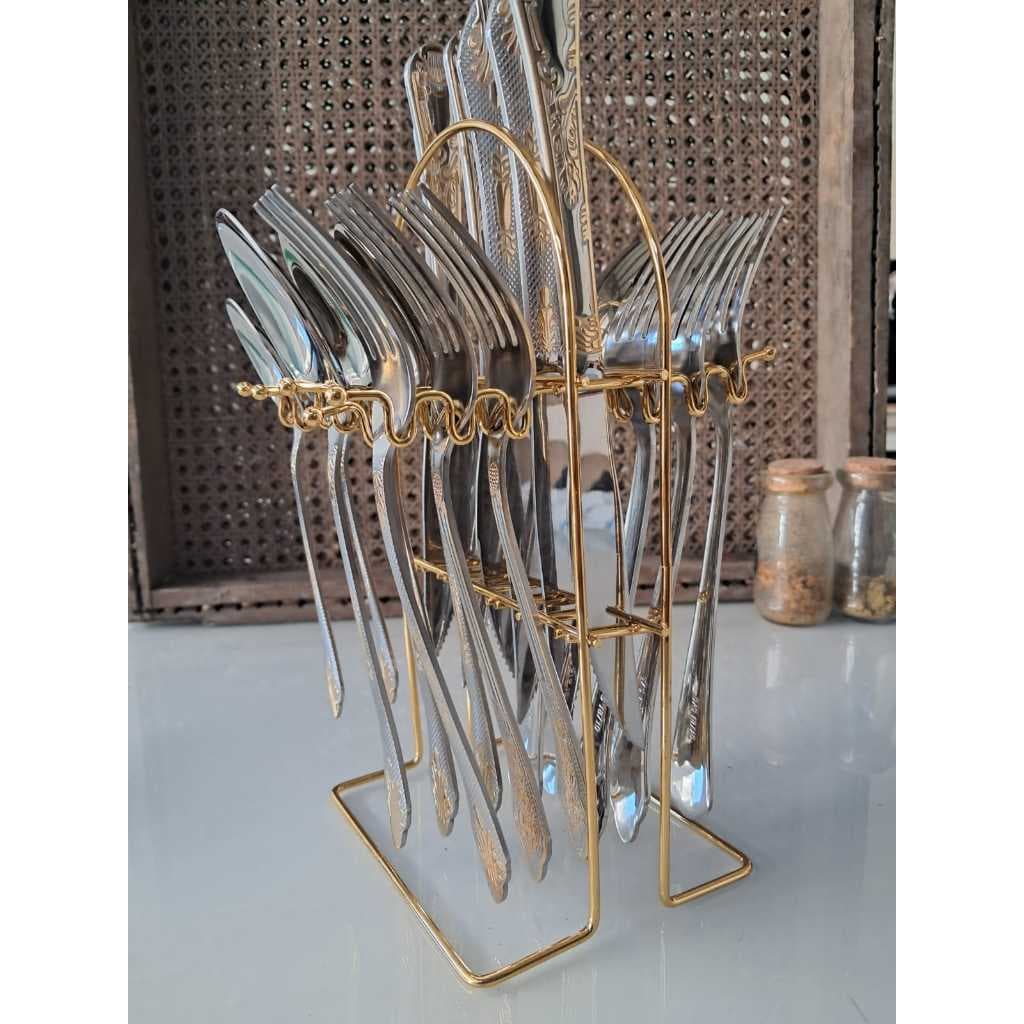 kit jogo de Talheres linha premium aço inoxidável com detalhes dourado luxo 24/48/72/100 Peças + Brinde