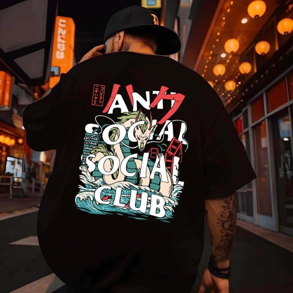 Camiseta Oversized Streetwear Camisa Masculina 100% Algodao Dia a Dia Anti Social Dragão Treino Musculação