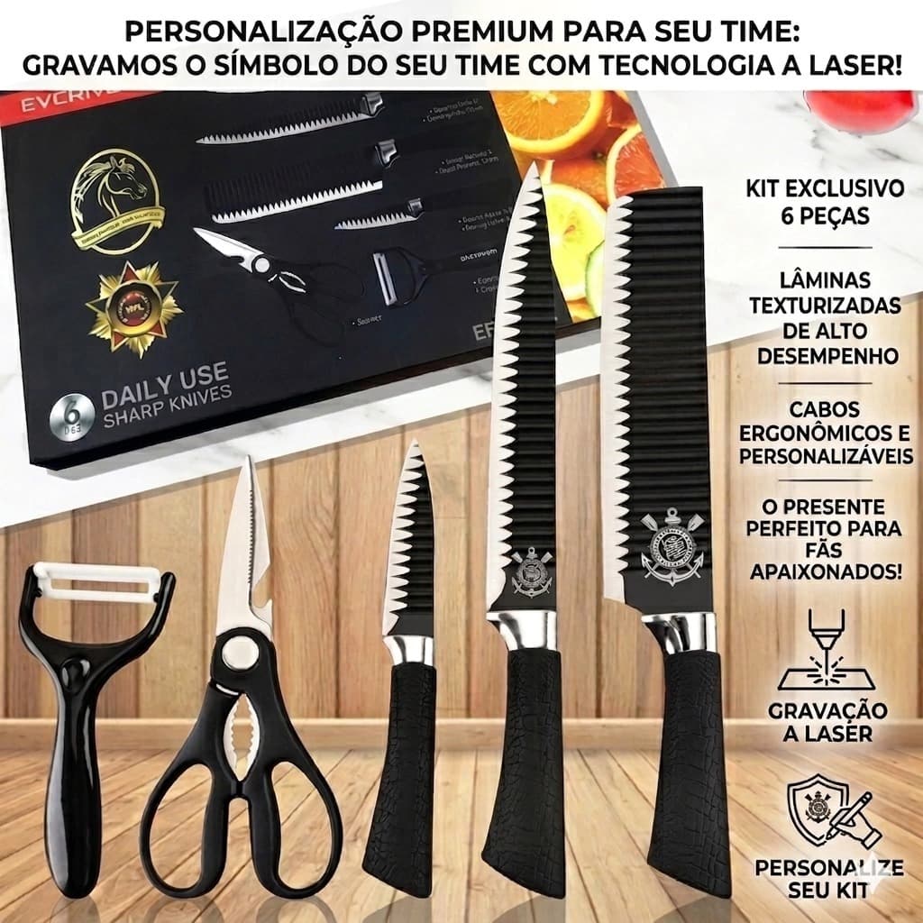 Kit Facas Chef Profissional 6 Peças Personalizado com Símbolo do seu Time Gravação Laser Churrasco;