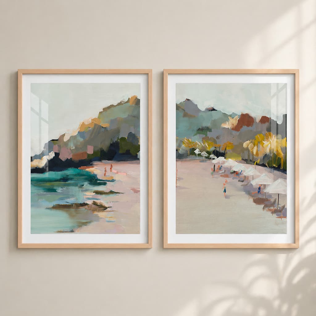 Duo Quadros Praia Abstrata Estilo Rústico Chique Moldura e Vidro