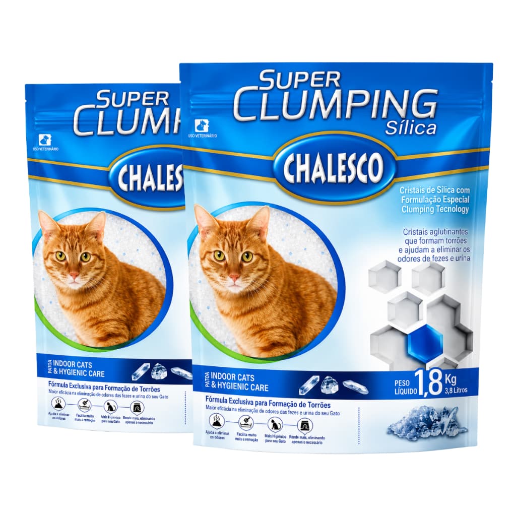 Kit 2 Areia Sanitária Higiênica Sílica Extra Fina Super Clumping Forma Torrões Gatos 1,8Kg Chalesco