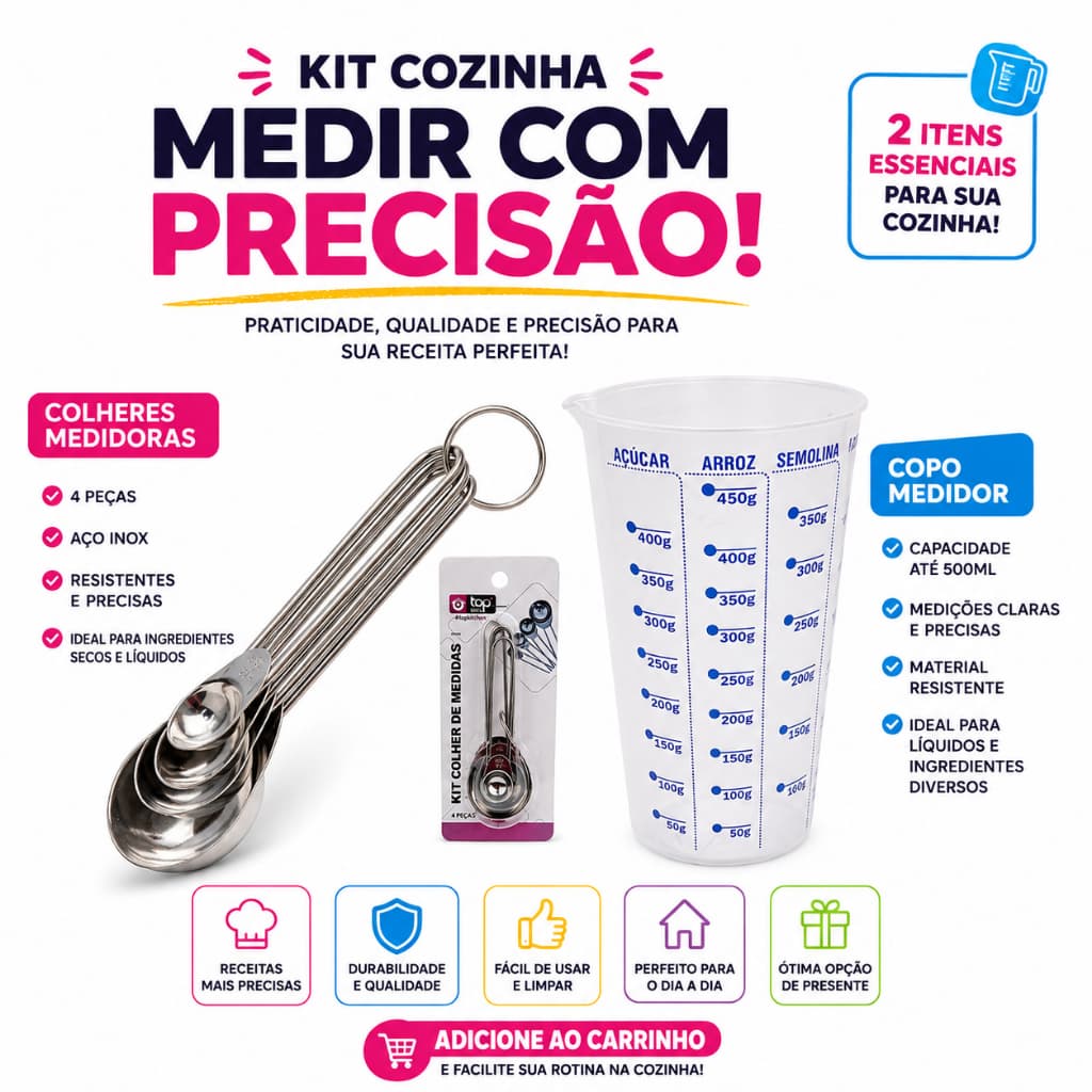 Kit Medidor Copo Medidor + Colheres Medidoras Inox 4 Peças Multiuso cozinha e confeitaria