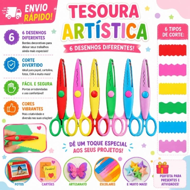 Kit 6 Tesouras De Picotar Cortar Escolar Artesanato Ondas Zigzag