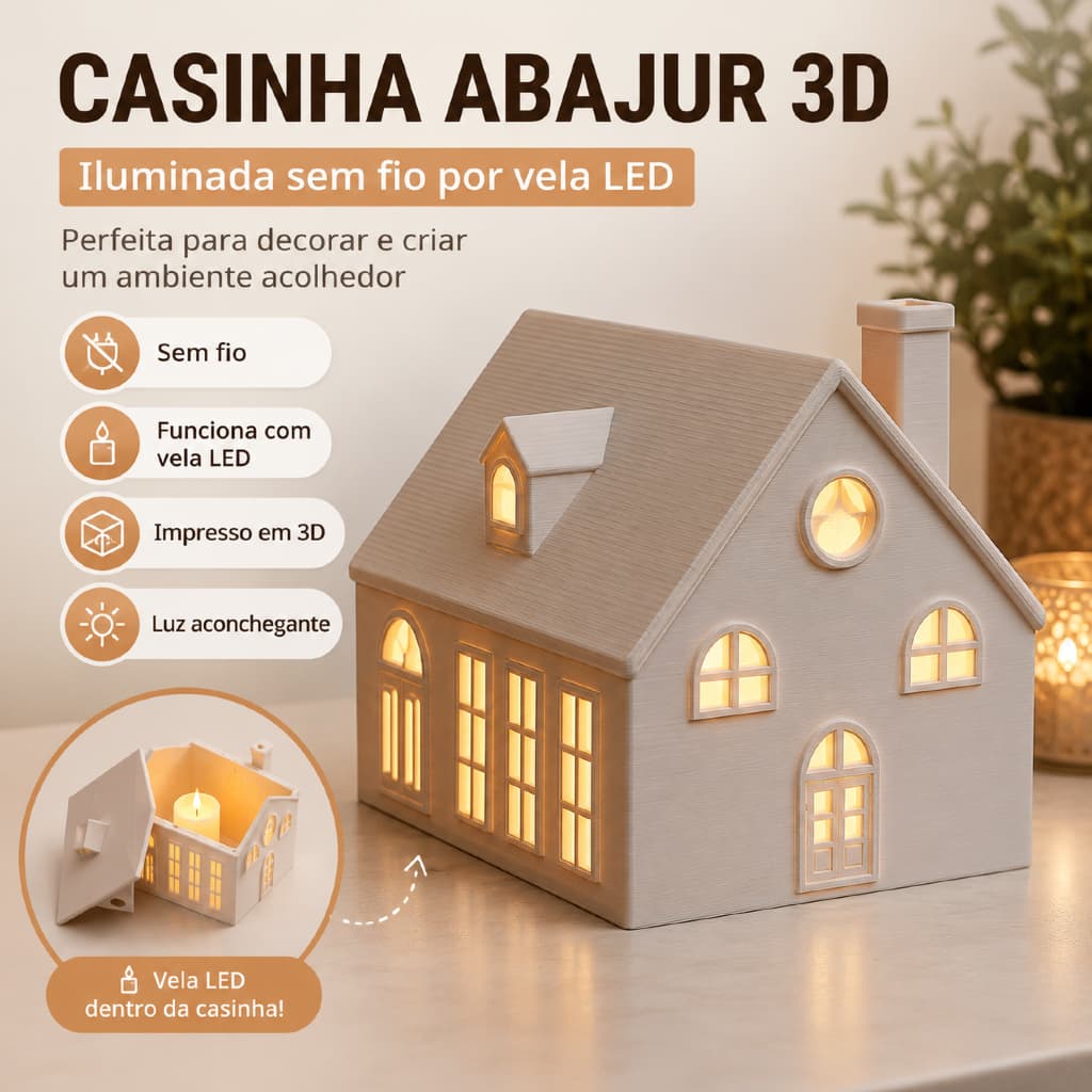 Casinha Abajur 3D Iluminada por LED - Luminária Decorativa Sem Fio, Ideal para Ambientes Aconchegantes