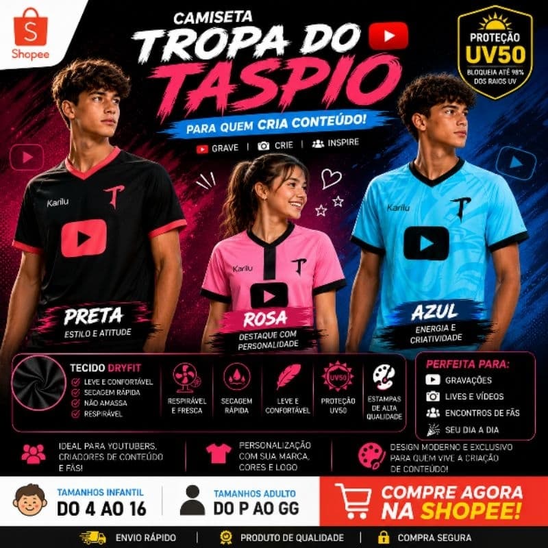 Camiseta Tropa do Taspio YouTuber Gamer Camisa 10 Camiseta Taspio Infantil Turma Do Taspio