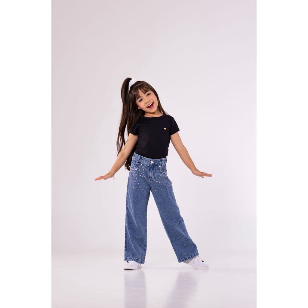 Calça Jeans Infantil wid leg com Brilho alta qualidade blogueirinha estilosa 2 ao 10