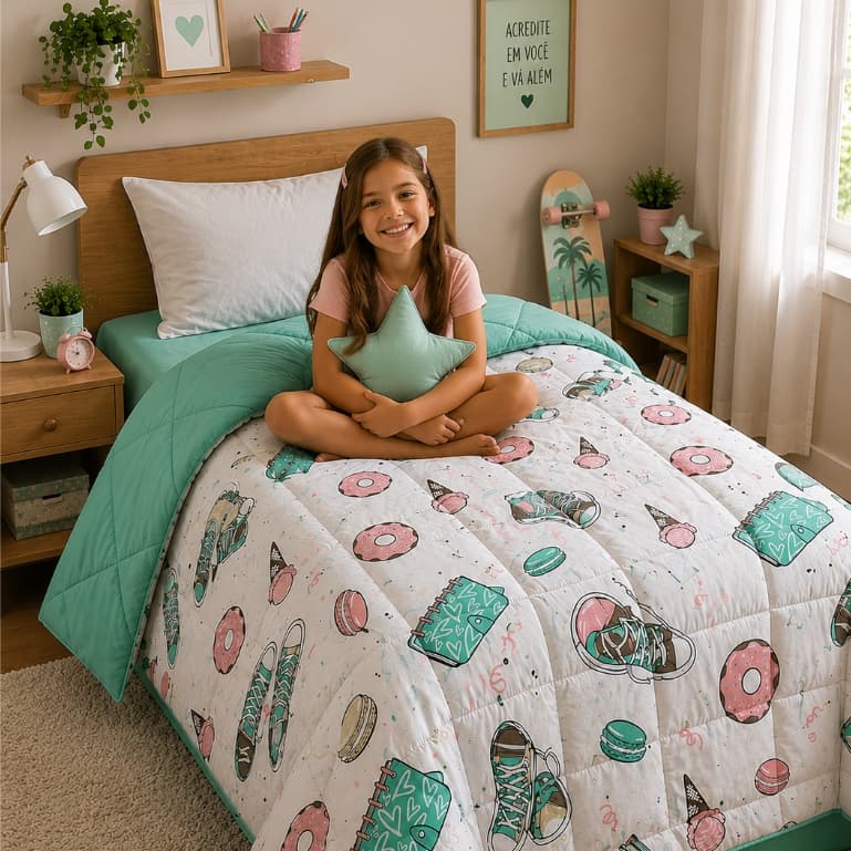 Edredom Infantil Fashion Candy Menina Dupla Face Percal 200 Fios Confortável Premium