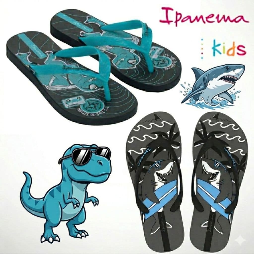 Chinelo Infantil Menino Ipanema Kids Juvenil Original Dinossauro Tubarão Azul Preto Praia Esporte Confortável Lançamento