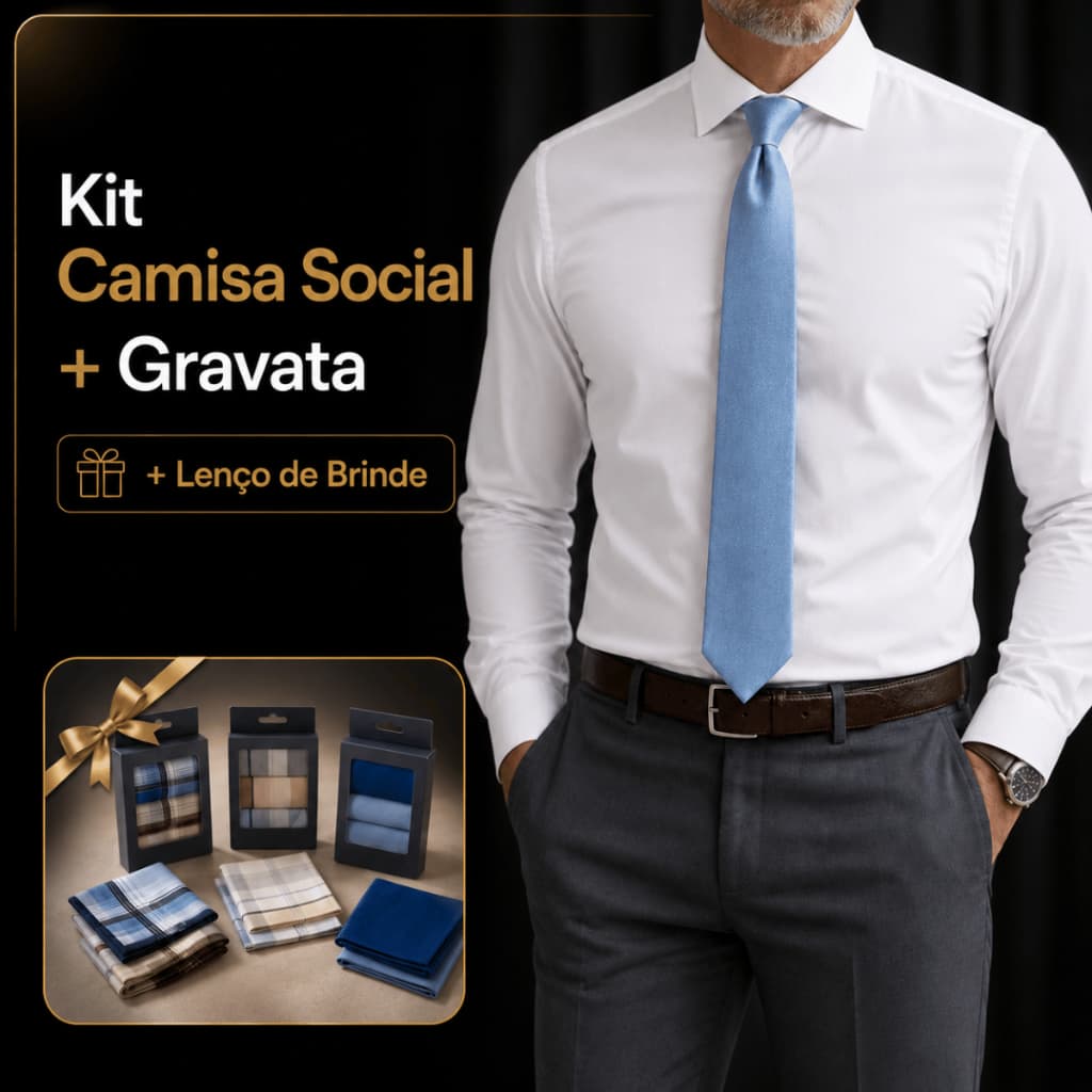 Kit Camisa Social Masculina Algodão e Poliéster + Gravata Slim Lisa 100% em poliéster + Lenço Brinde