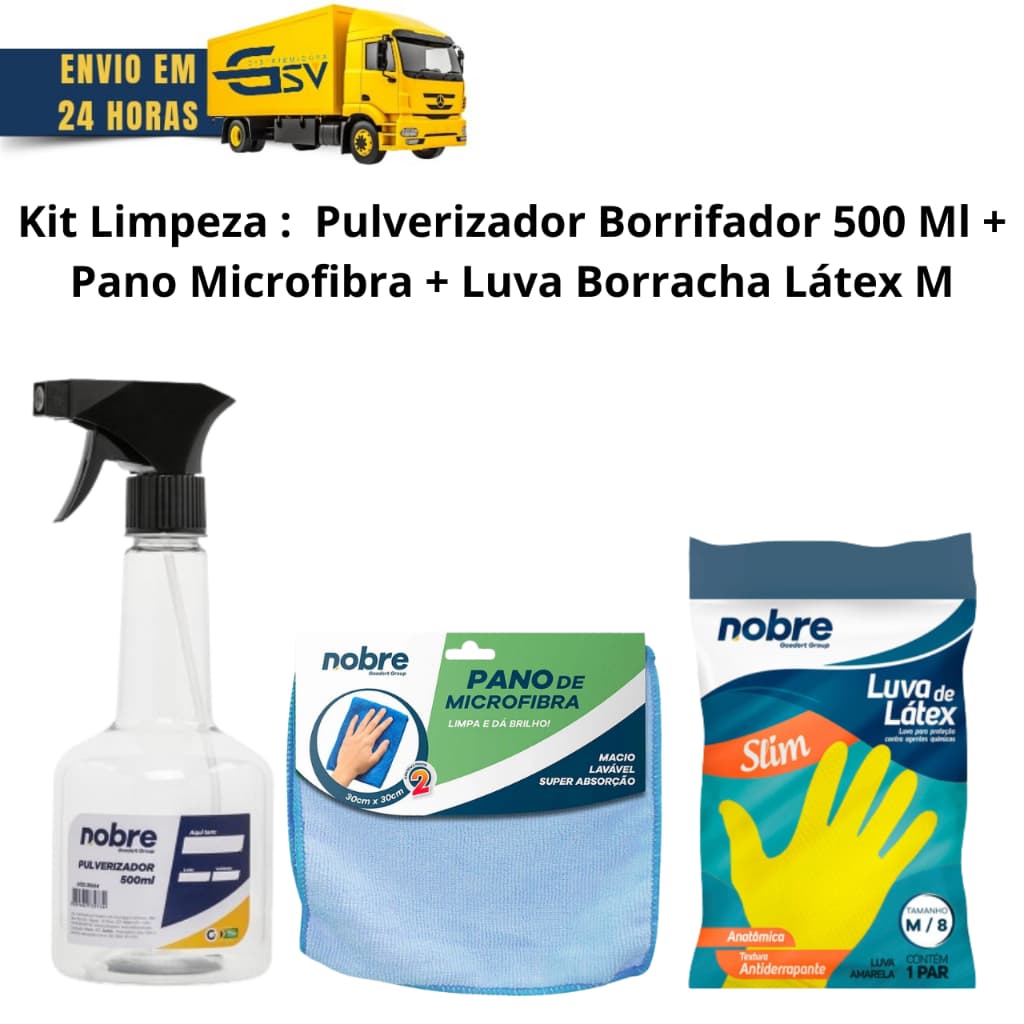 Kit 01 Borrifador Nobre 500 Ml + 02  Pano Microfibra 30X30 + 01 par Luva Borracha Latex  M