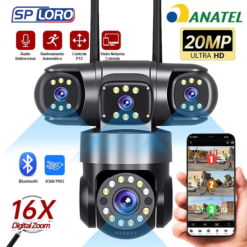 Câmera de Segurança Tripla Inteligente Wi-Fi 360° 4K Visão Noturna Detecção de Movimento Preto P16
