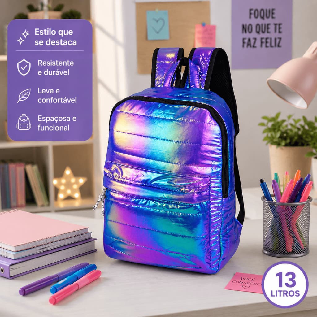 Mochila Holográfica Metalizada Feminina Brilhante Fashion Impermeável Escolar Passeio Premium Luxo