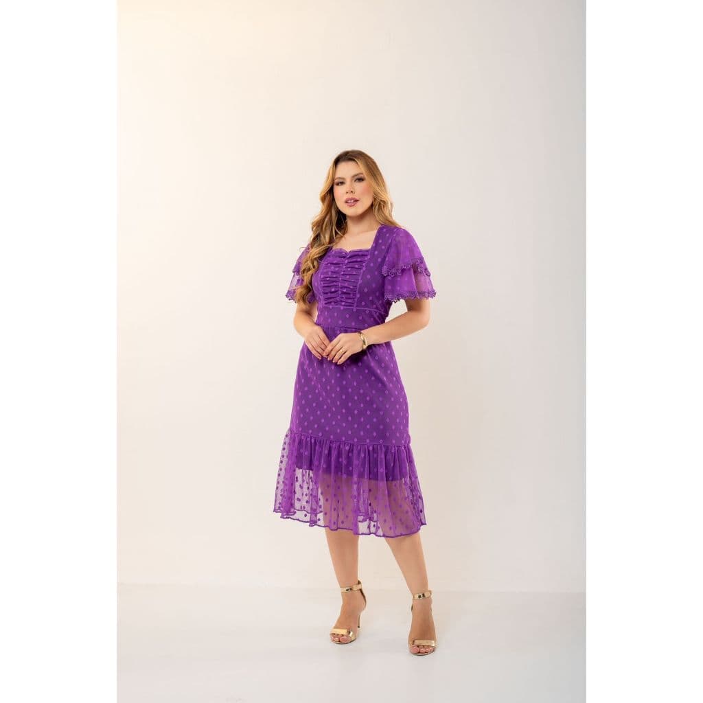 Vestido Tully poa franzido peito com manguinha  P M G