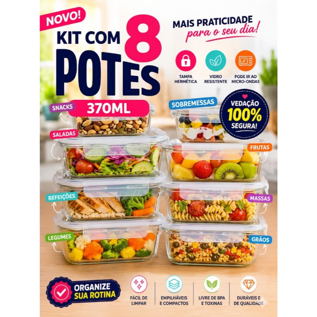Kit 8 Potes De Vidro Retangular Com Tampa Hermética 370ml