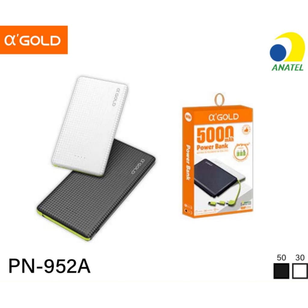 Power Bank A’Gold 5000mAh Portátil com Cabos Integrados e Carregamento Rápido