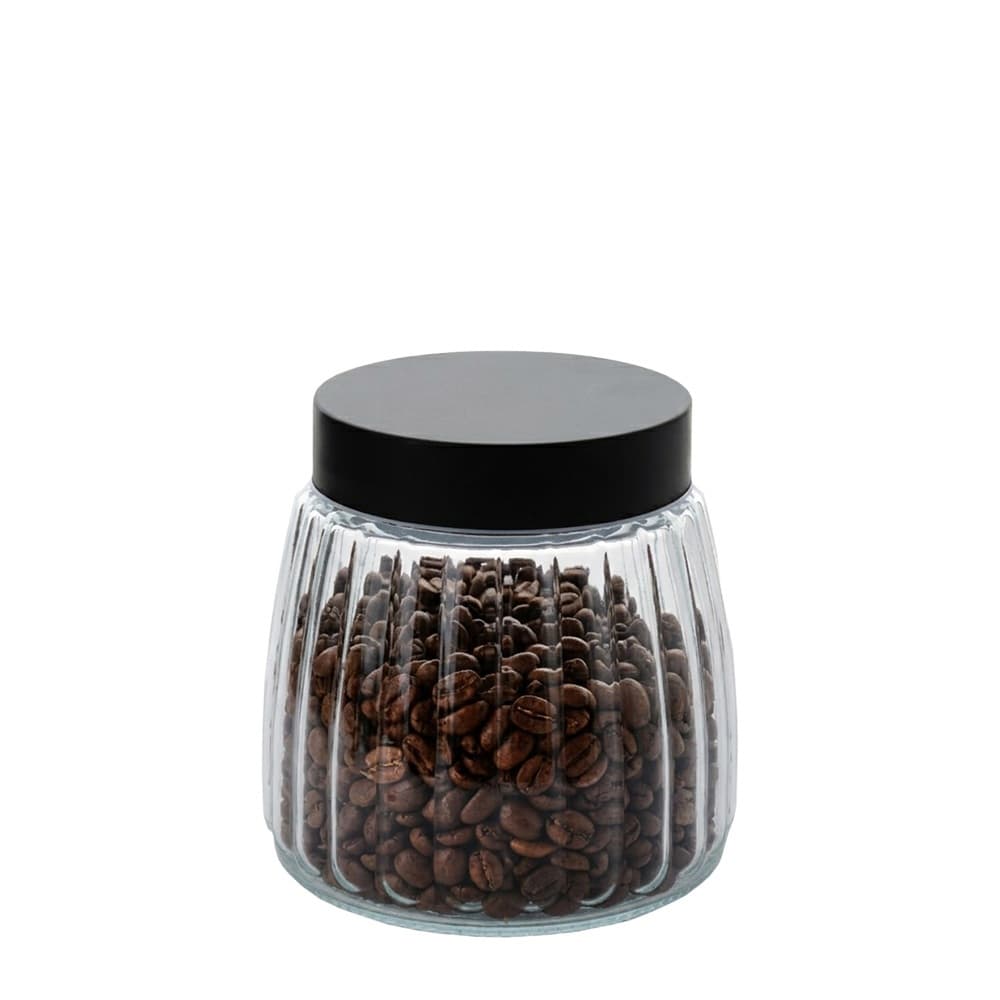 Pote de Vidro Canelado com Tampa Metal Preta 800ml, Porta Mantimentos de Vidro – Ruvolo
