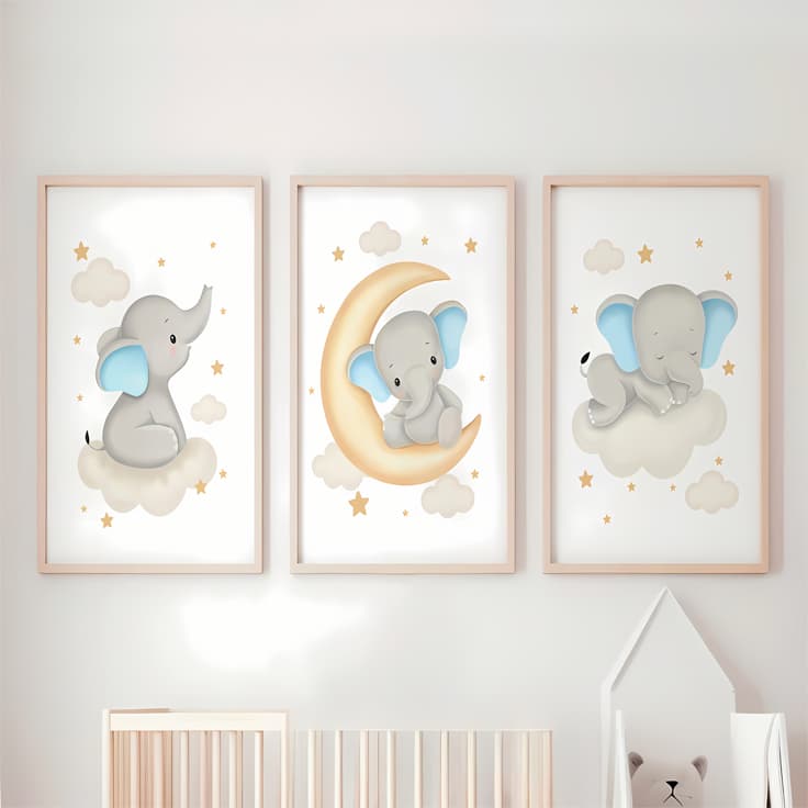 Quadros Decorativos Elefante Elefantinho Infantil Criança Bebê Lua Nuvem Kit 3 Peças Menino