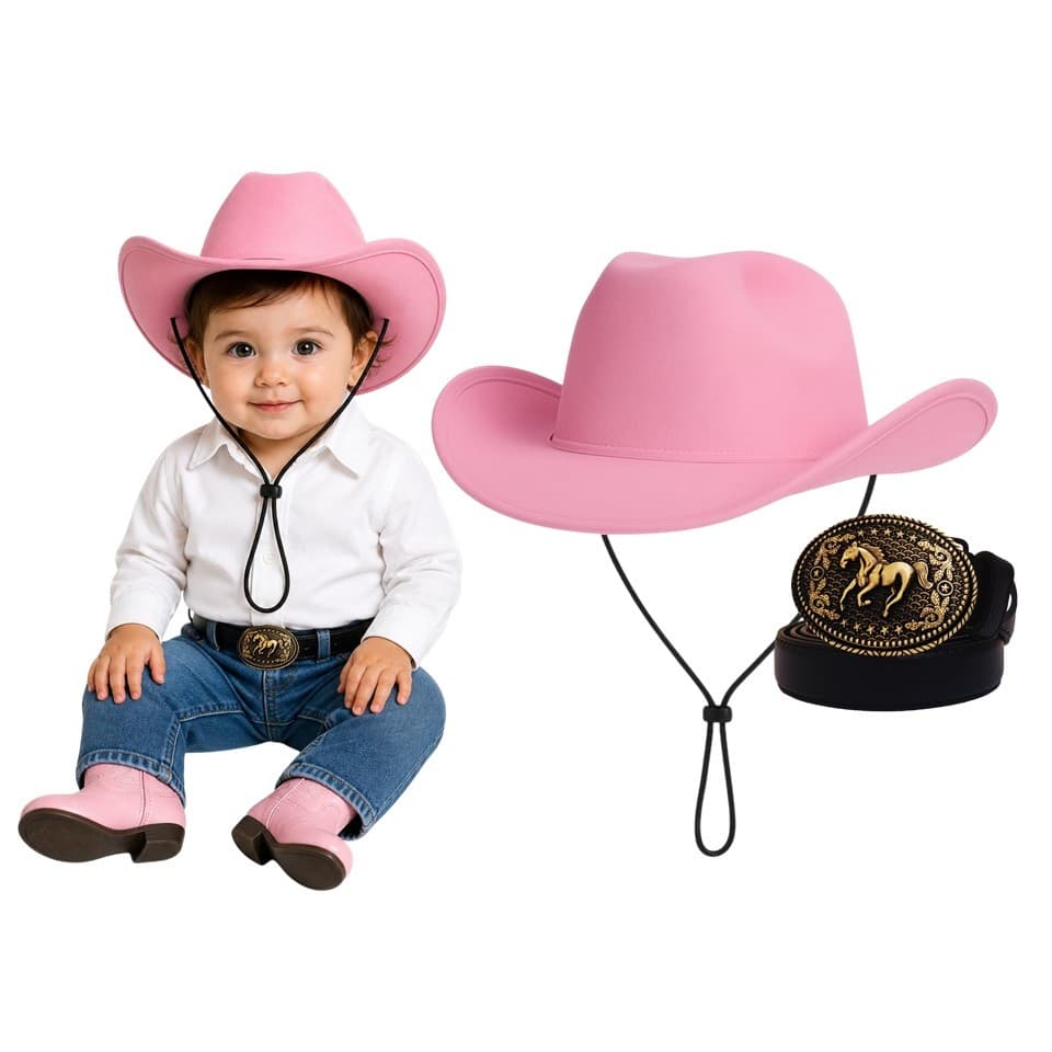 KIT CHAPÉU COUNTRY ROSA TEXAS + CINTO COM FIVELA BEBÊ INFANTI MENINA