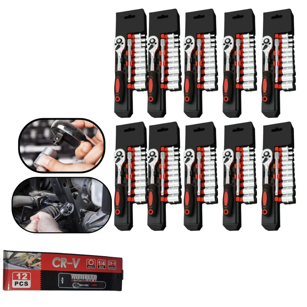 Kit 10 Jogo De Soquetes 1/4 Cr-V 12 Peças Chave Catraca Com Extensor Profissional