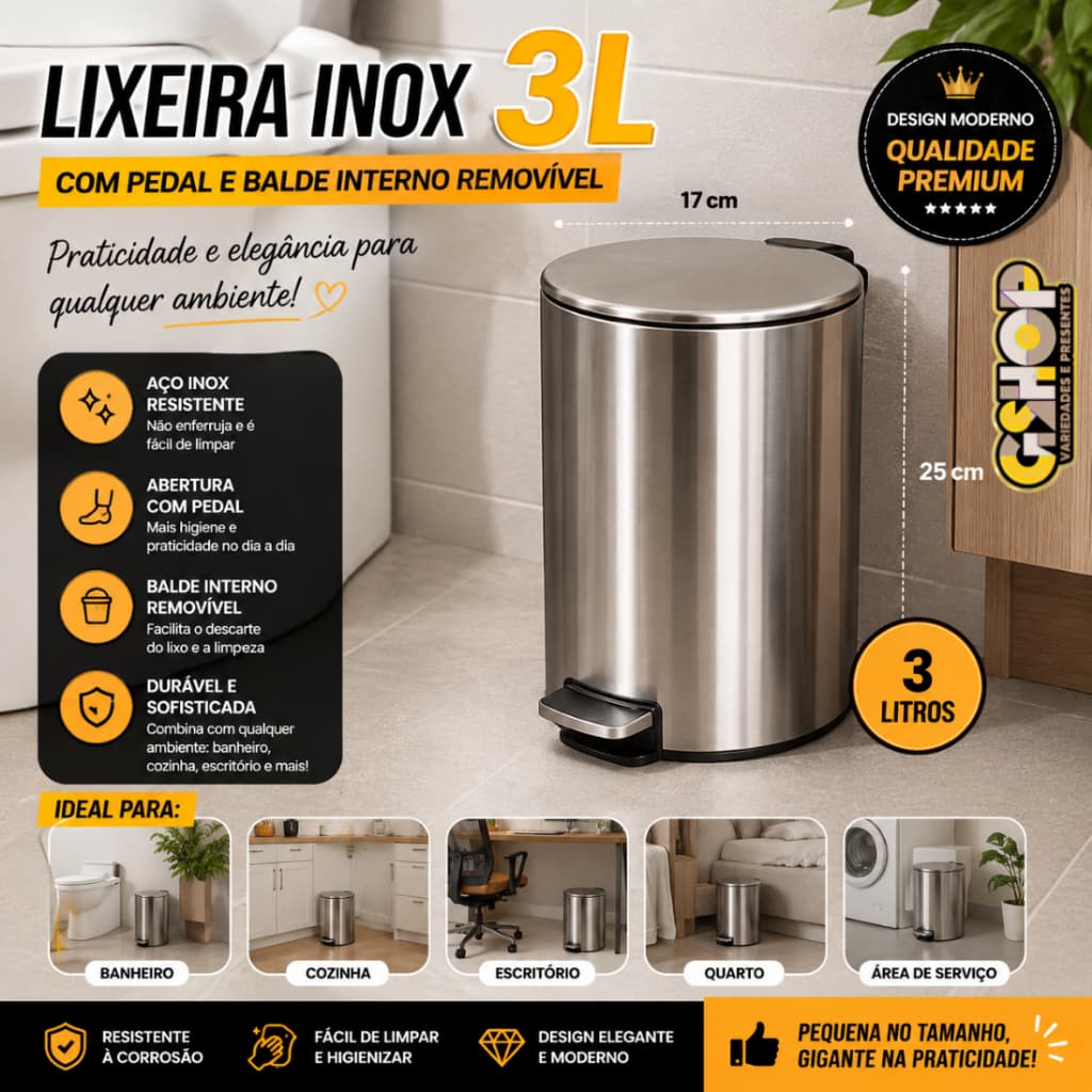 Lixeira Aço Inox Compacta Pedal Silencioso 3 Litros Com Balde Removivel Banheiro Cozinha Quarto