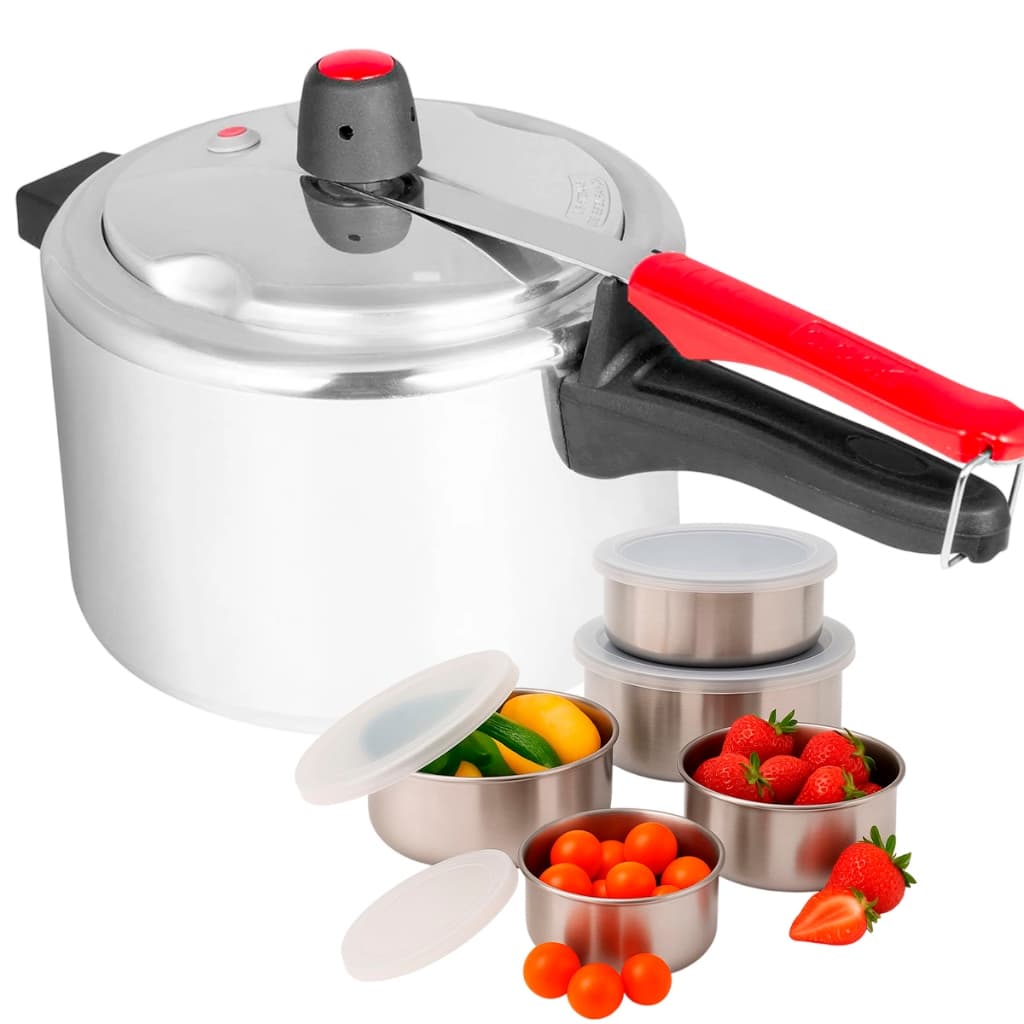 Panela Pressão 4 Litros Polida Clock E Conjunto Tigelas Com Tampa Inox 5 Peças