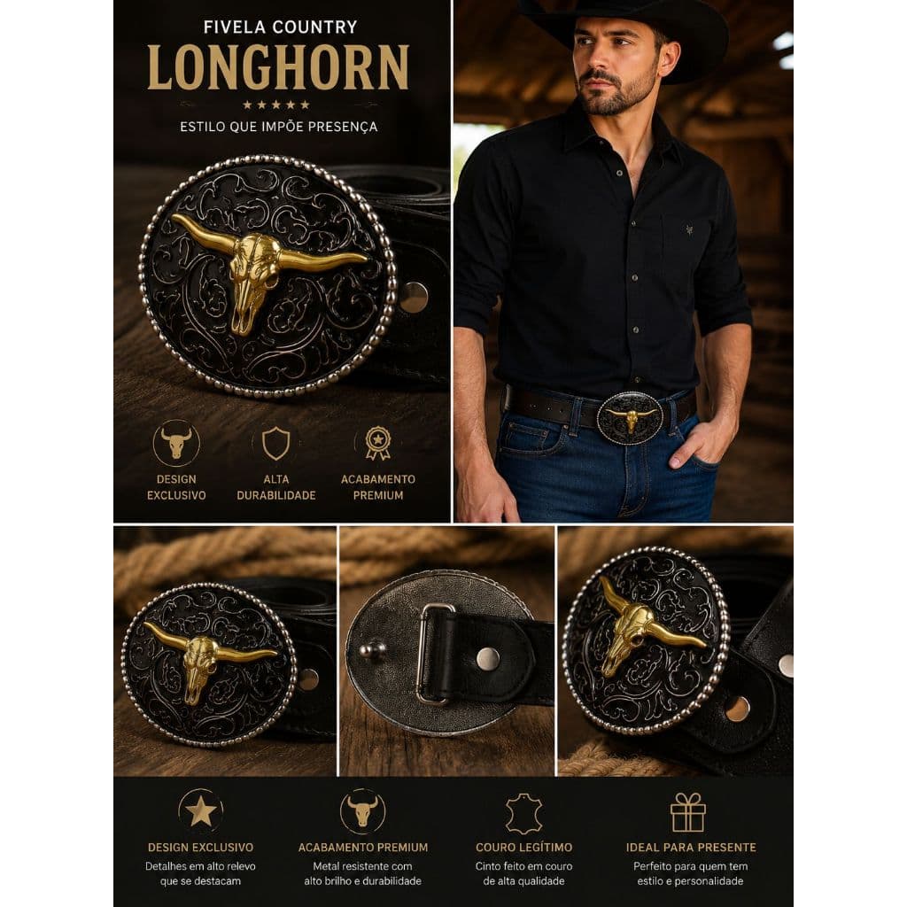 Cinto Country Masculino Couro Fivela Longhorn Dourada Western Rodeio Peão Boiadeiro Presente Premium